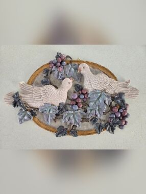 Vintage Doves Wall Hanging Oval Plaque Grapes